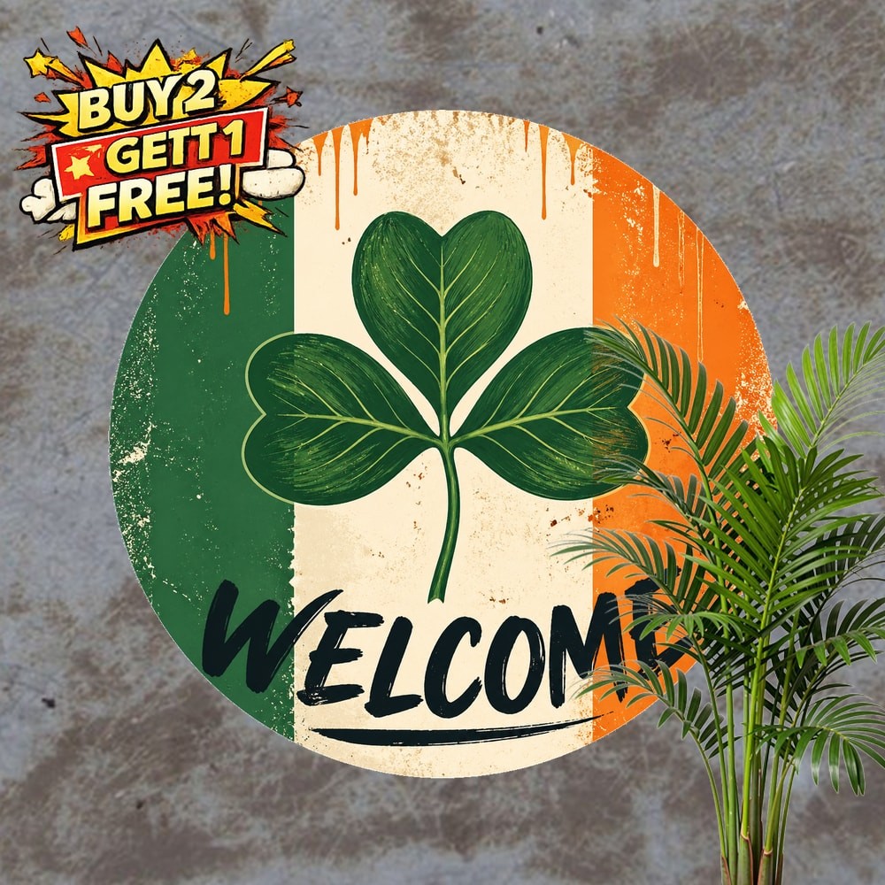 Irish Shamrock Welcome Flag Metal Sign Vintage Saint Patricks Decor 8x8