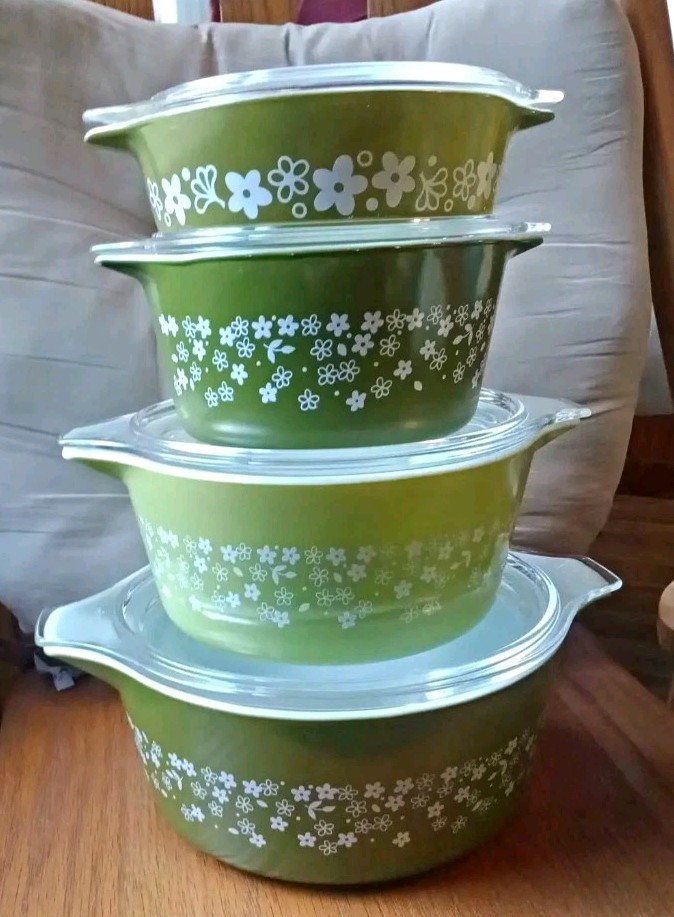 Vintage Pyrex Spring Blossom Green Casserole Set 471 473 474 475 w/ Lids