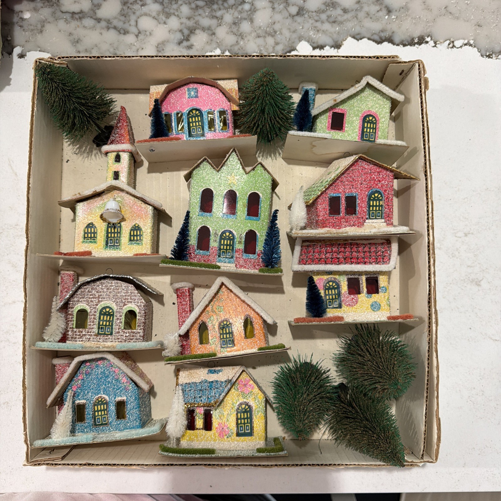 RARE Vintage GEM Christmas Deluxe 10 pc Alpine Village Set w/Box Japan Putz Mica RARE Vintage GEM Christmas Deluxe 10 pc Alpine Village Set w/Box Japan Putz Mica