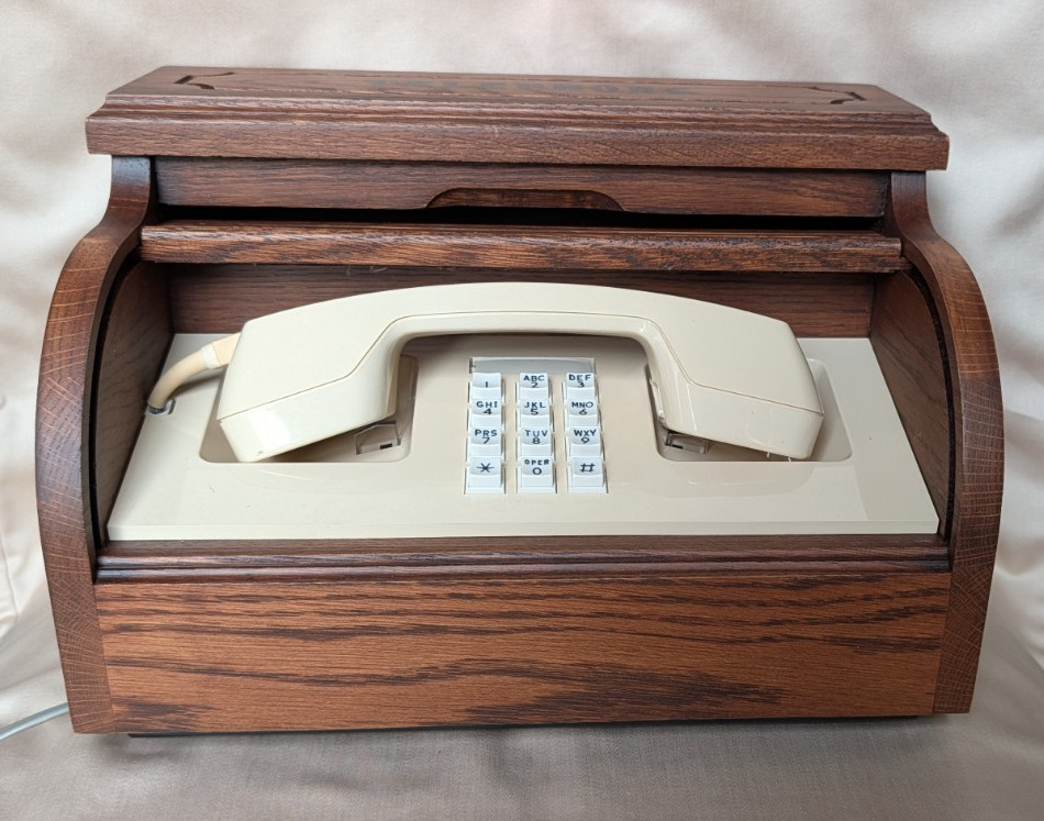 NOS Vintage Western Electric Wooden Roll-Top Push-Button Stowaway Telephone Set NOS Vintage Western Electric Wooden Roll-Top Push-Button Stowaway Telephone Set