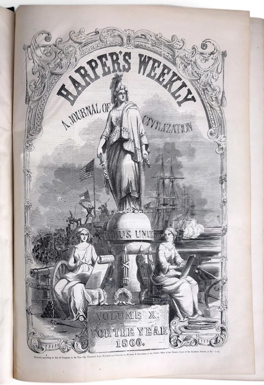 ORIGINAL BOUND VOLUME OF 1866 HARPERS WEEKLY NEWSPAPER - POST CIVIL WAR NEWS