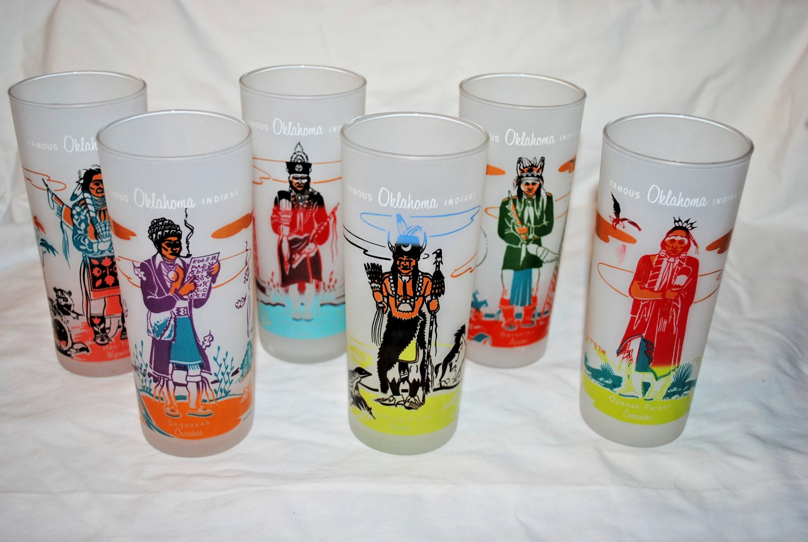 Famous Oklahoma Indians glasses, 1960s Knox service station, LOT OF 6 DIFF. NICE
