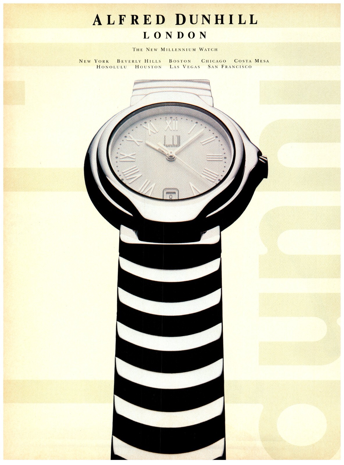 1997 PRINT AD, Alfred Dunhill London New Millennium Watch Striped Band Close-Up