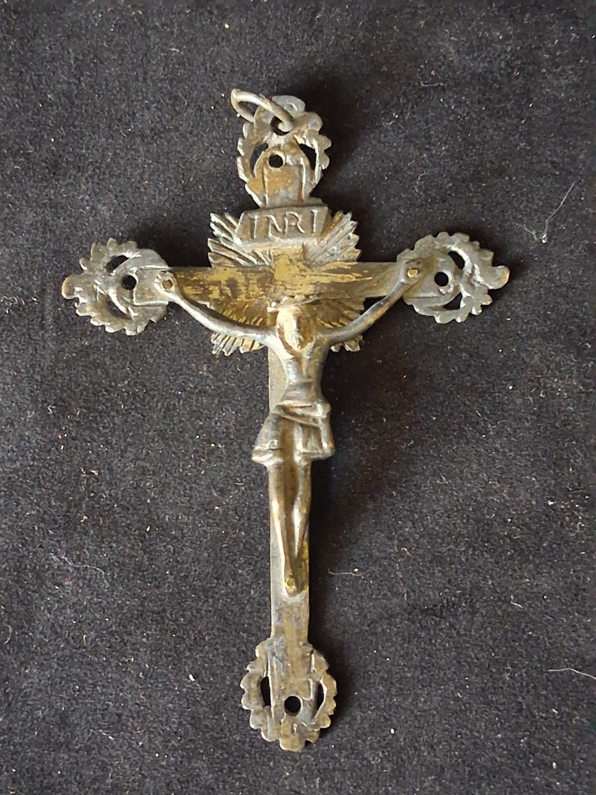 Antique Cast Brass Crucifix Cross INRI Jesus Sunburst Halo Ornate French 2.5x3.5 Antique Cast Brass Crucifix Cross INRI Jesus Sunburst Halo Ornate French 2.5x3.5