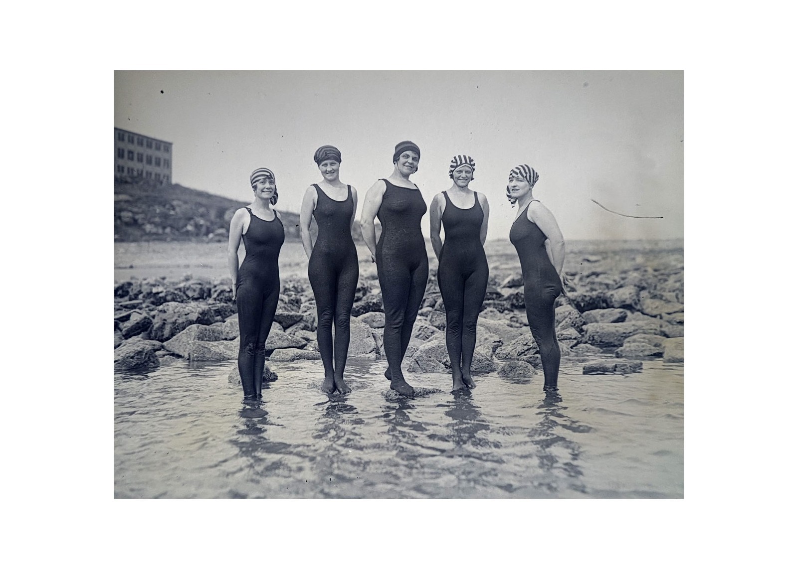 1919 Antique Glass Plate Negative Classy Bathing Girls Nantasket Beach Swimsuits