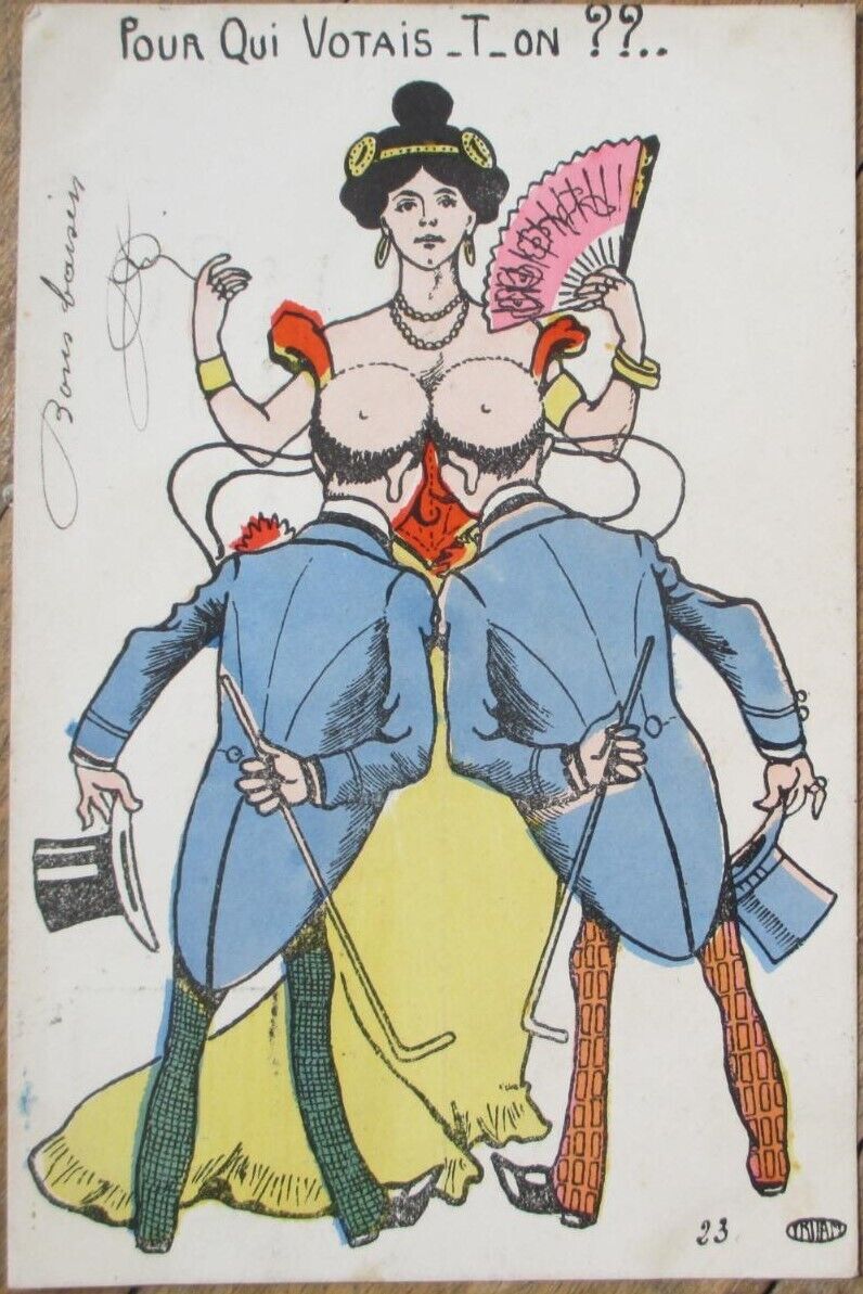 Risque French 1903 Postcard, Bald Heads Metamorphic Breasts, Yruam Artist Signed