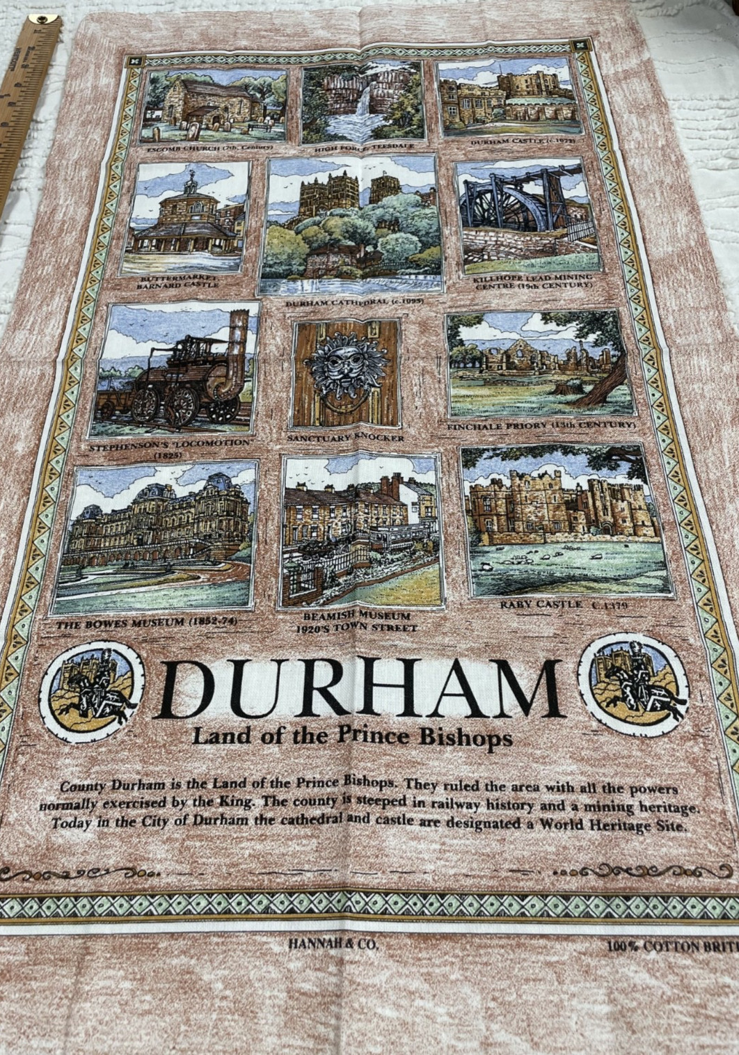 Vintage NOS “Durham” England Souvenir Cotton Kitchen Tea Towel - Prince Bishops