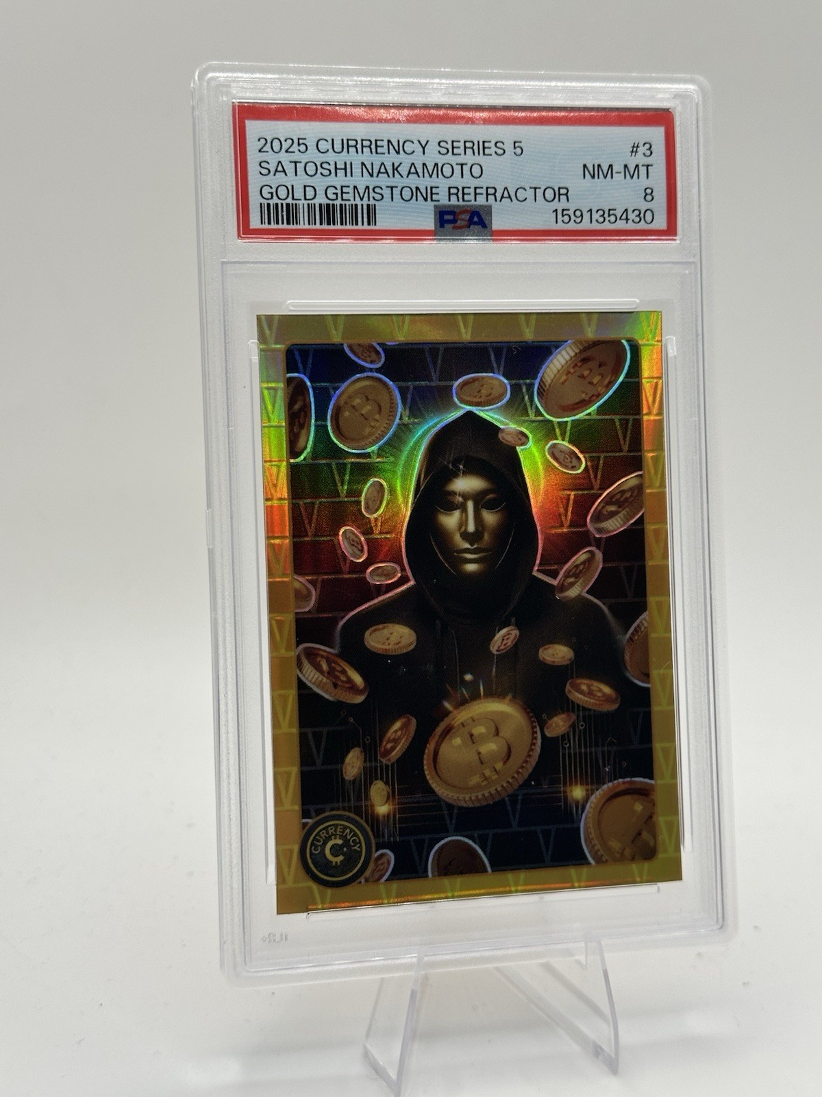 2025 Cardsmiths Currency Series 5 Satoshi Nakamoto Gold Gemstone 01/10 PSA 8
