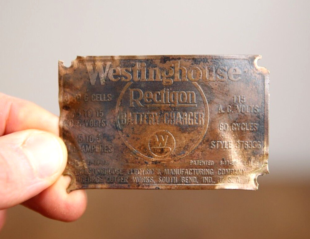 Antique Vintage Westinghouse Battery Charger Brass Nameplate Badge Sign plaque Antique Vintage Westinghouse Battery Charger Brass Nameplate Badge Sign plaque