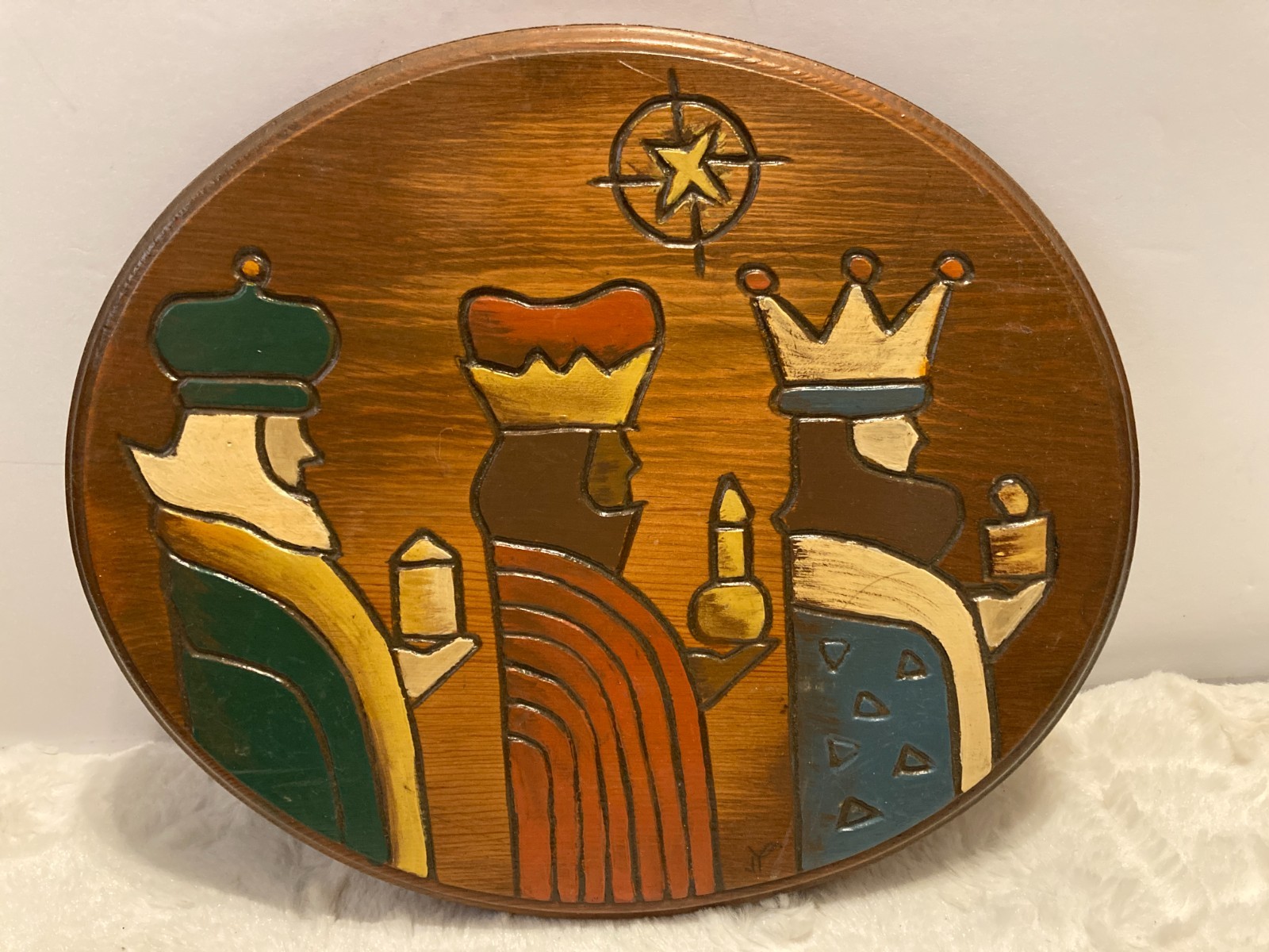 Vintage Hand Carved Wood Three Wise Men Oval Nativity Wall Plaque Signed JP Vintage Hand Carved Wood Three Wise Men Oval Nativity Wall Plaque Signed JP