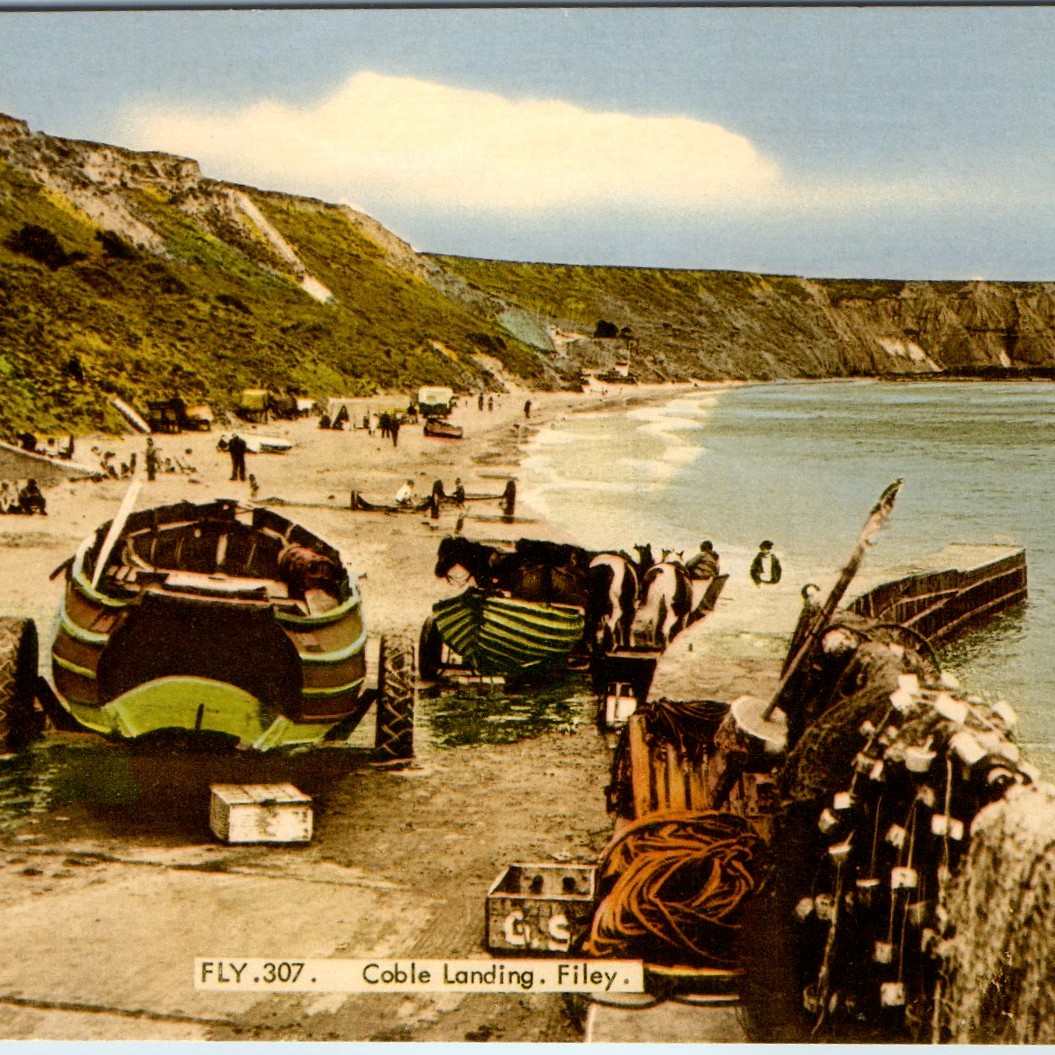 c1960s Filey Yorkshire Coble Landing Postcard Frith Fishing Boats Beach Ponies