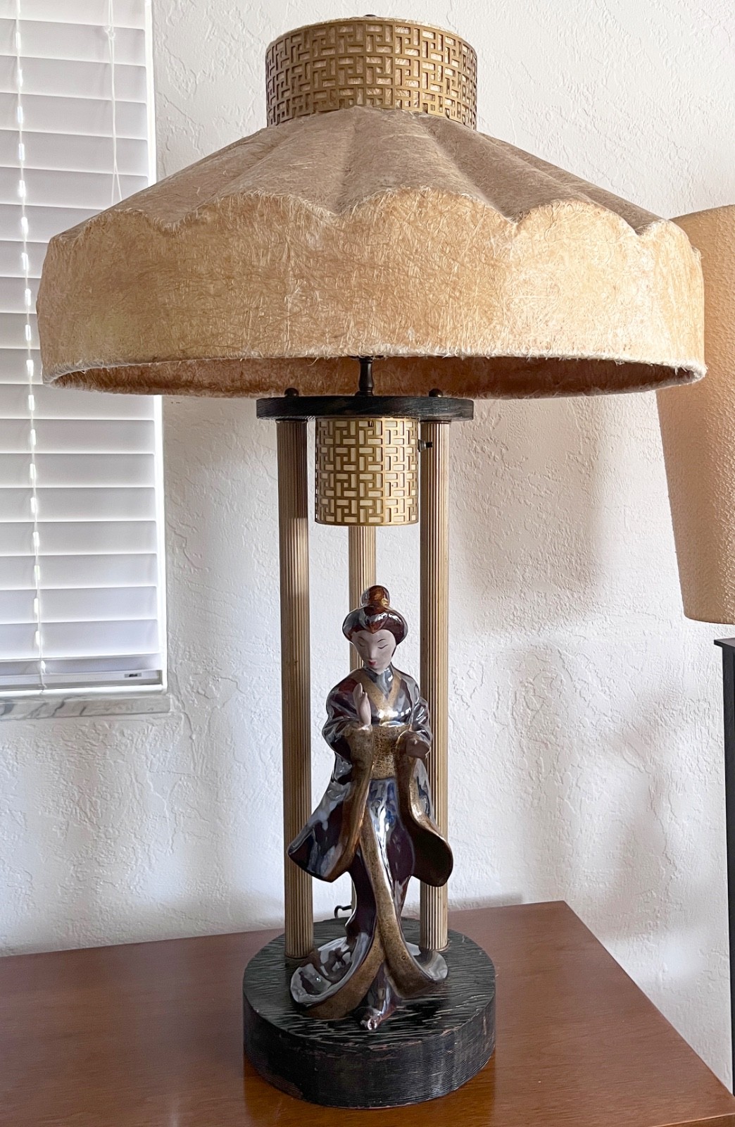very large MOSS LAMP Japanese geisha figurine mid century cerused wood base 1961 very large MOSS LAMP Japanese geisha figurine mid century cerused wood base 1961