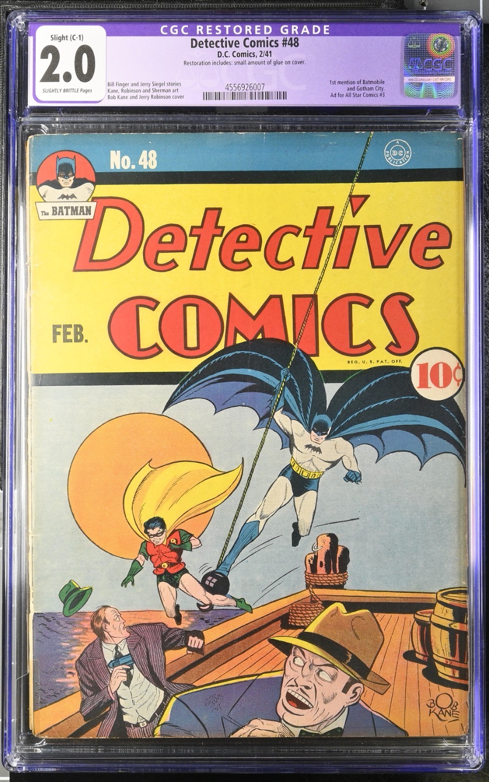 1941 D.C. Detective Comics 48 CGC 2.0. 1st Batmobile and Gotham City. Batman.