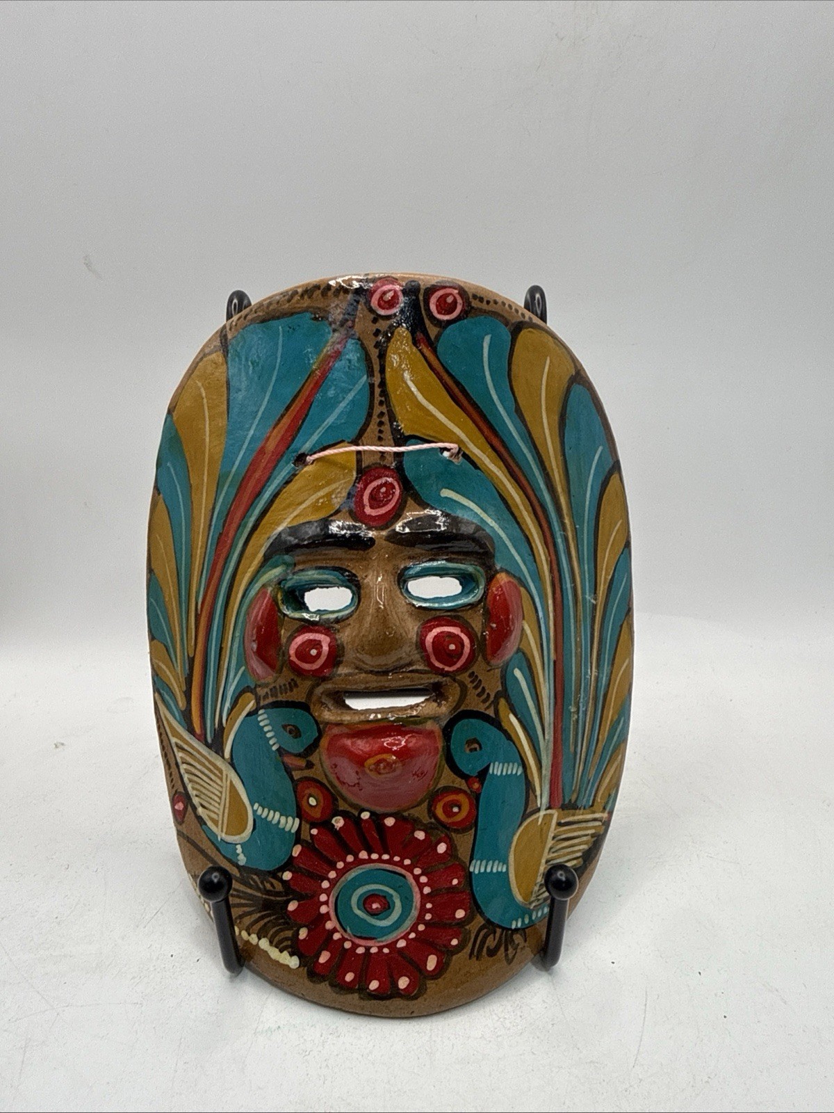 Vintage Mexican Folk Art Terracotta Clay Mask Hand Painted Birds Wall Decor 6” * Vintage Mexican Folk Art Terracotta Clay Mask Hand Painted Birds Wall Decor 6” *