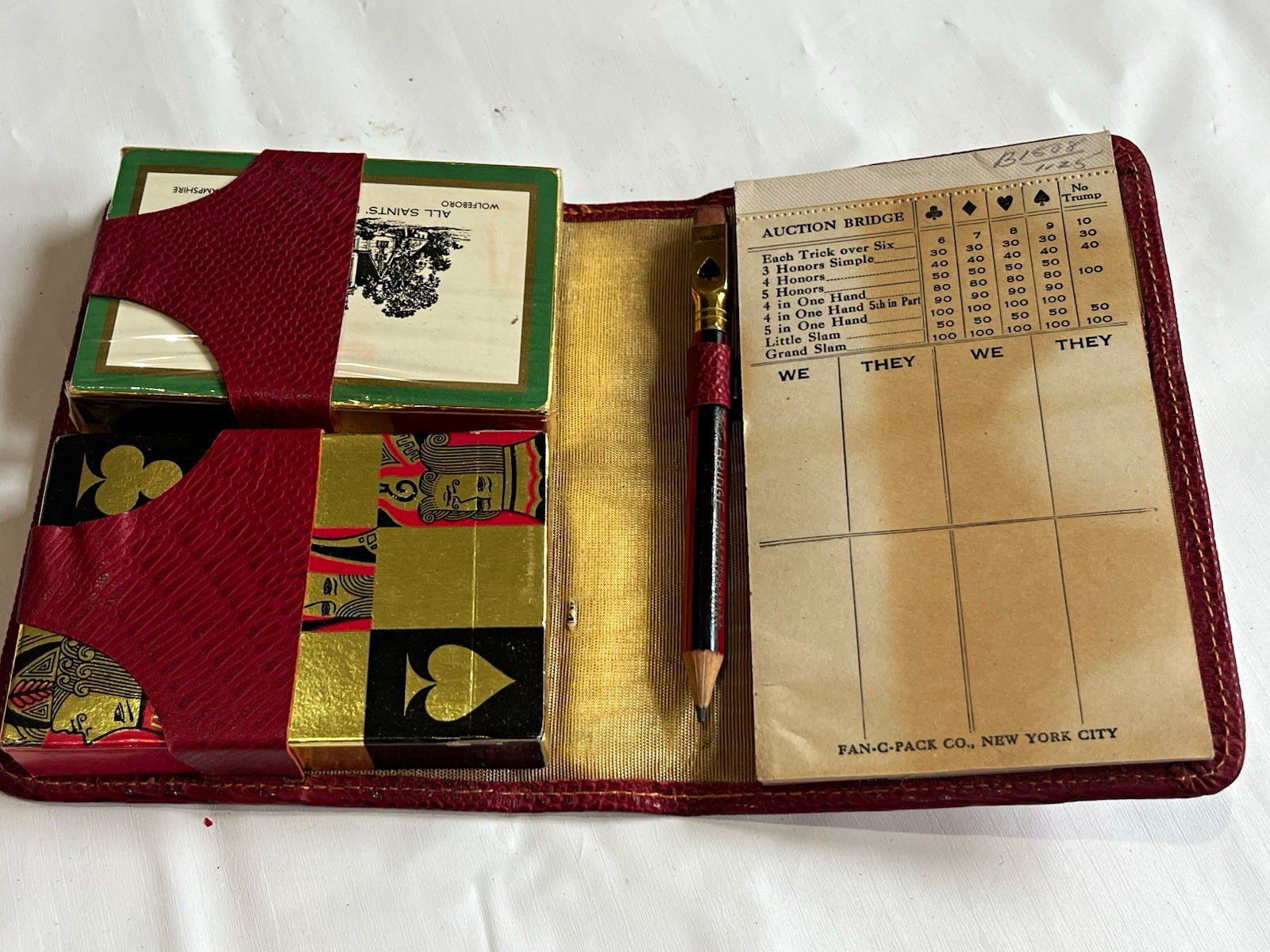 Fan-C-Pak Co. Vintage Bridge Playing Card Game in Red Pleather Case, EVC Fan-C-Pak Co. Vintage Bridge Playing Card Game in Red Pleather Case, EVC