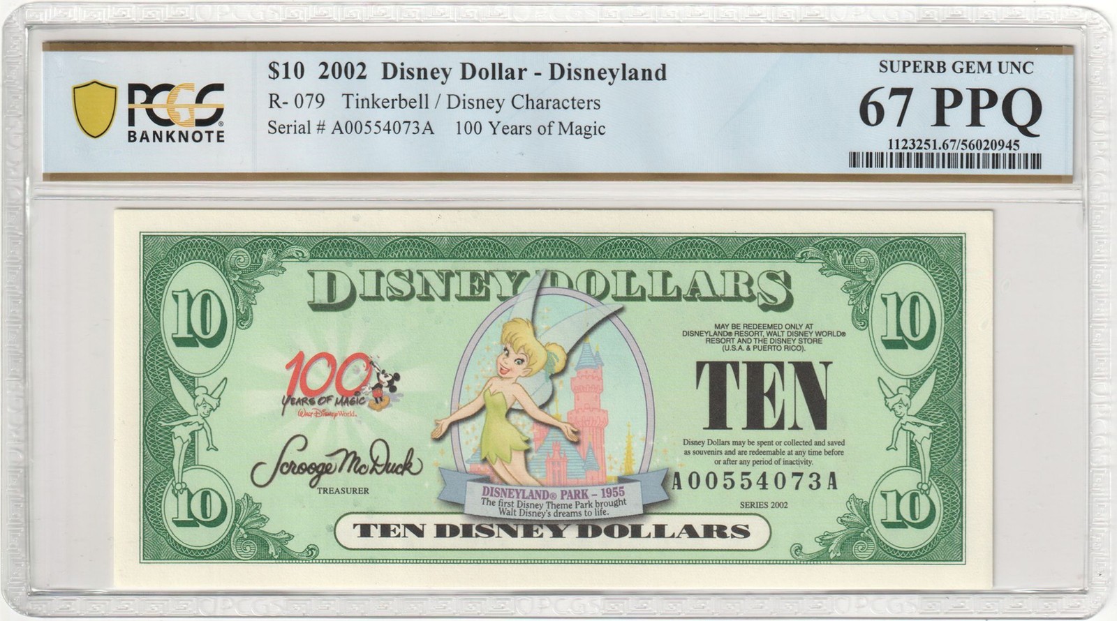 2002 R-079 $10 Disney Dollar Tinkerbell/Disney Characters PCGS Graded 67 PPQ 2002 R-079 $10 Disney Dollar Tinkerbell/Disney Characters PCGS Graded 67 PPQ