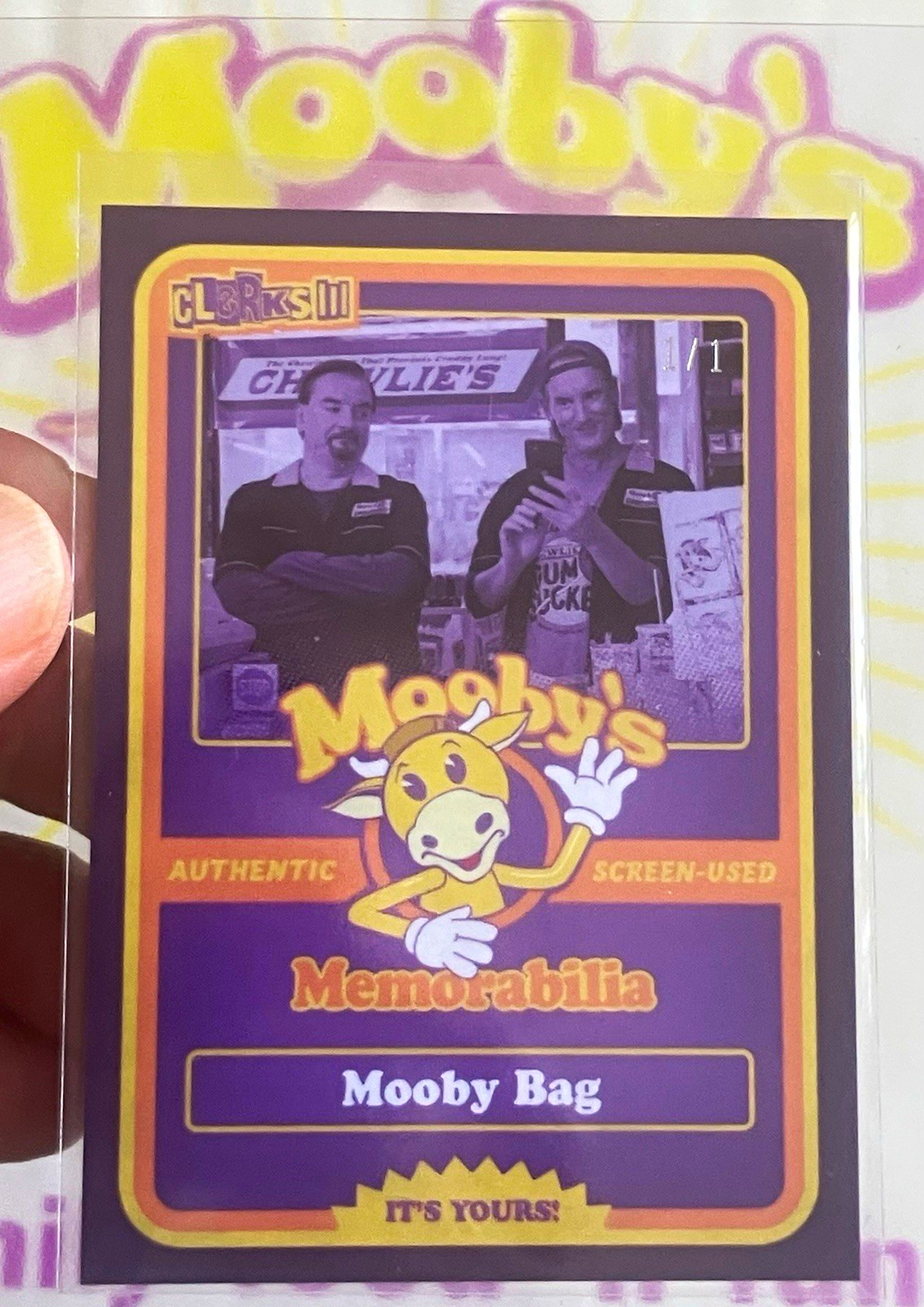 2022 zerocool Clerks III Mooby's Redemption Screen Used Mooby Bag & 1/1 Card