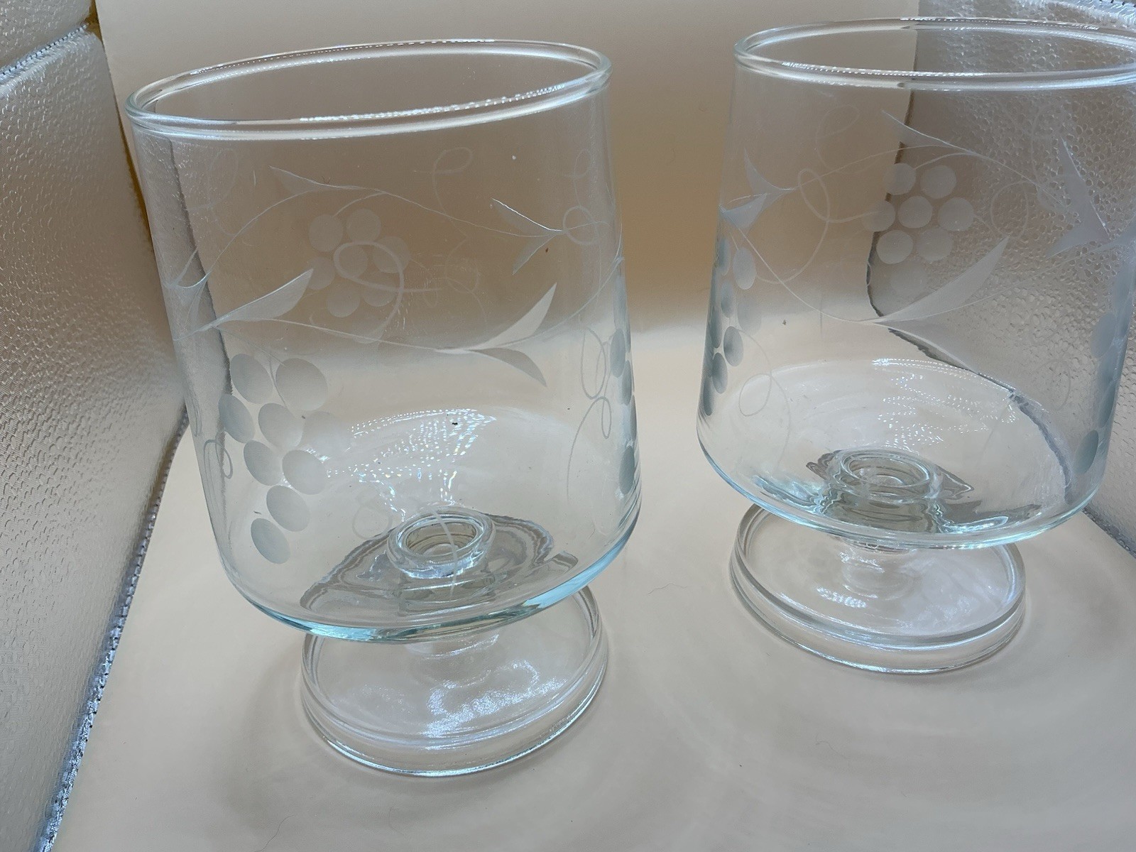 Pair Etched Grape Vine Glass Hurricane Candle Holders Footed 6 Inch
