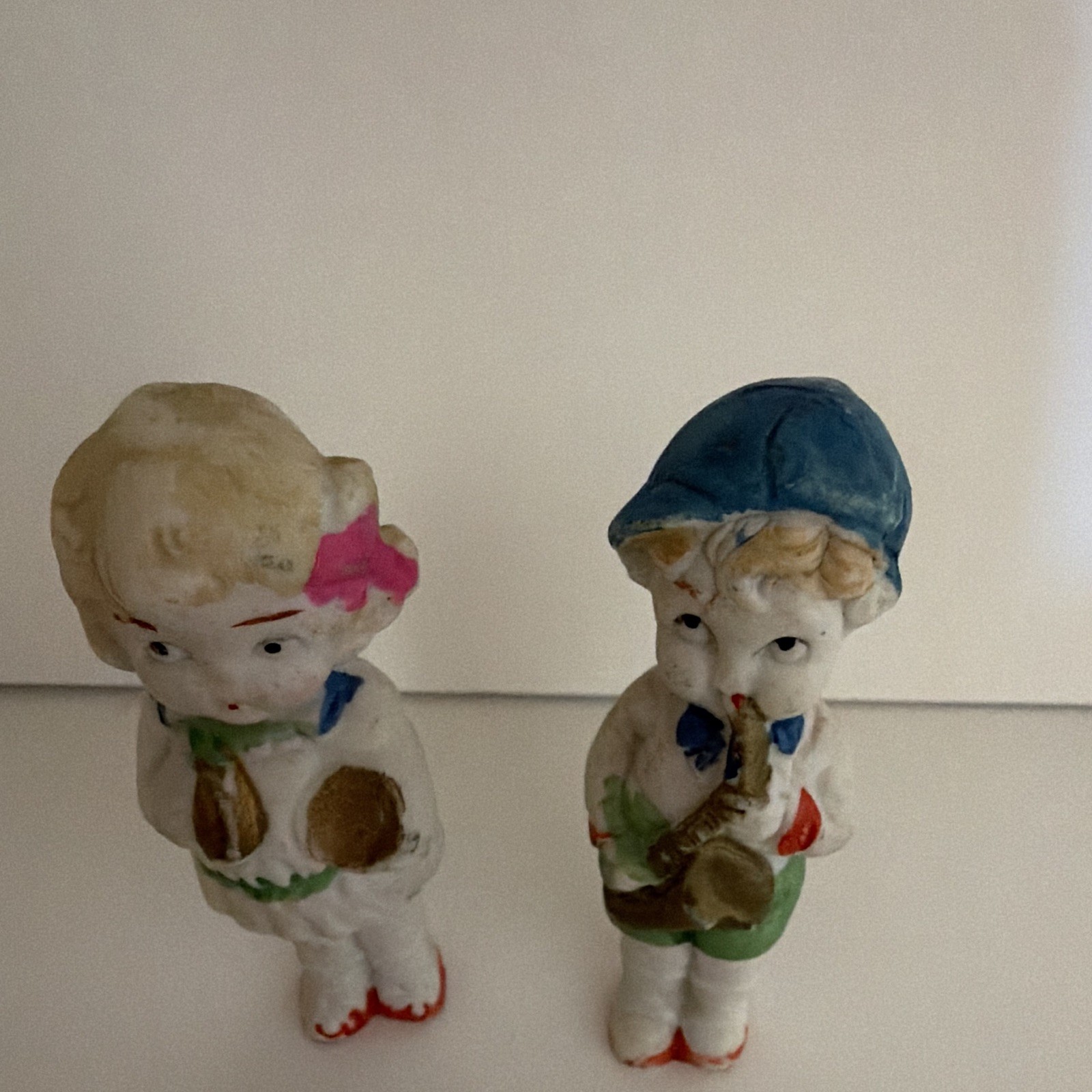 Vintage Japan Bisque Figurines Boy Girl Musicians Saxophone Brass Horn Pair Vintage Japan Bisque Figurines Boy Girl Musicians Saxophone Brass Horn Pair