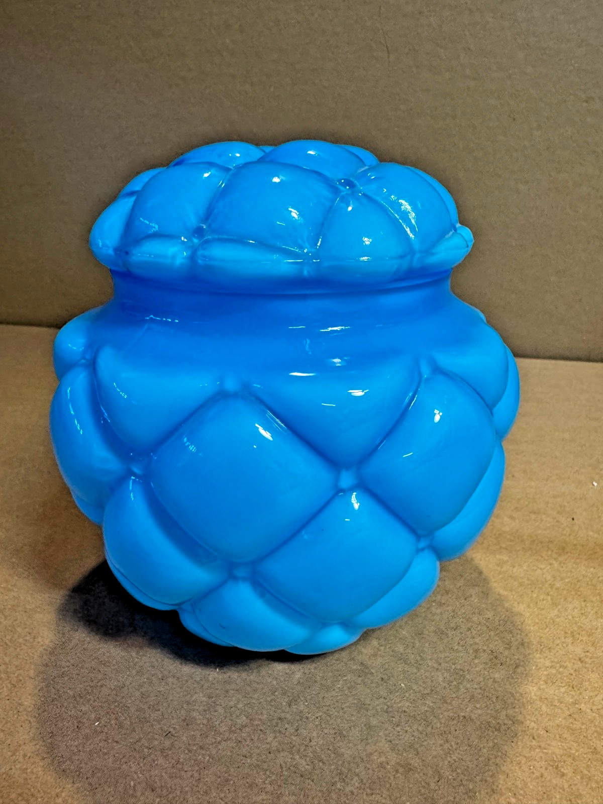Antique Victorian Quilted Cracker Jar Blue Satin Consolidated Glass 6.5” Antique Victorian Quilted Cracker Jar Blue Satin Consolidated Glass 6.5”