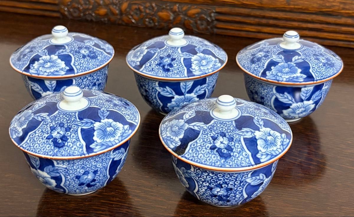 Set of 5 Japanese Vtg Arita Ware Yunomi Cups w/lid Tachikichi Peony Pattern