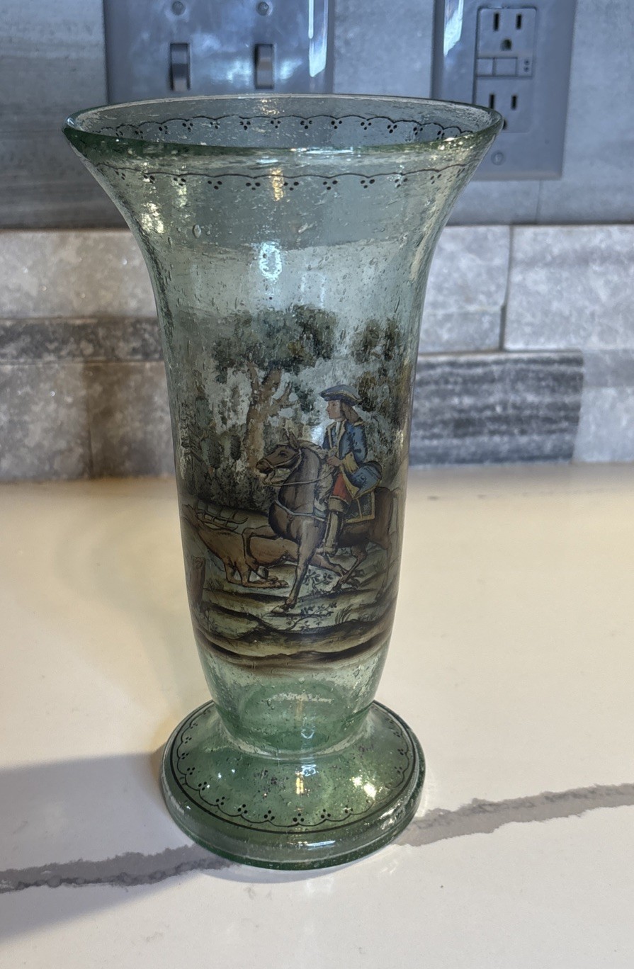 Vintage Hand Painted & Blown Glass Vase w/bubbles - Hunting Scene Vintage Hand Painted & Blown Glass Vase w/bubbles - Hunting Scene