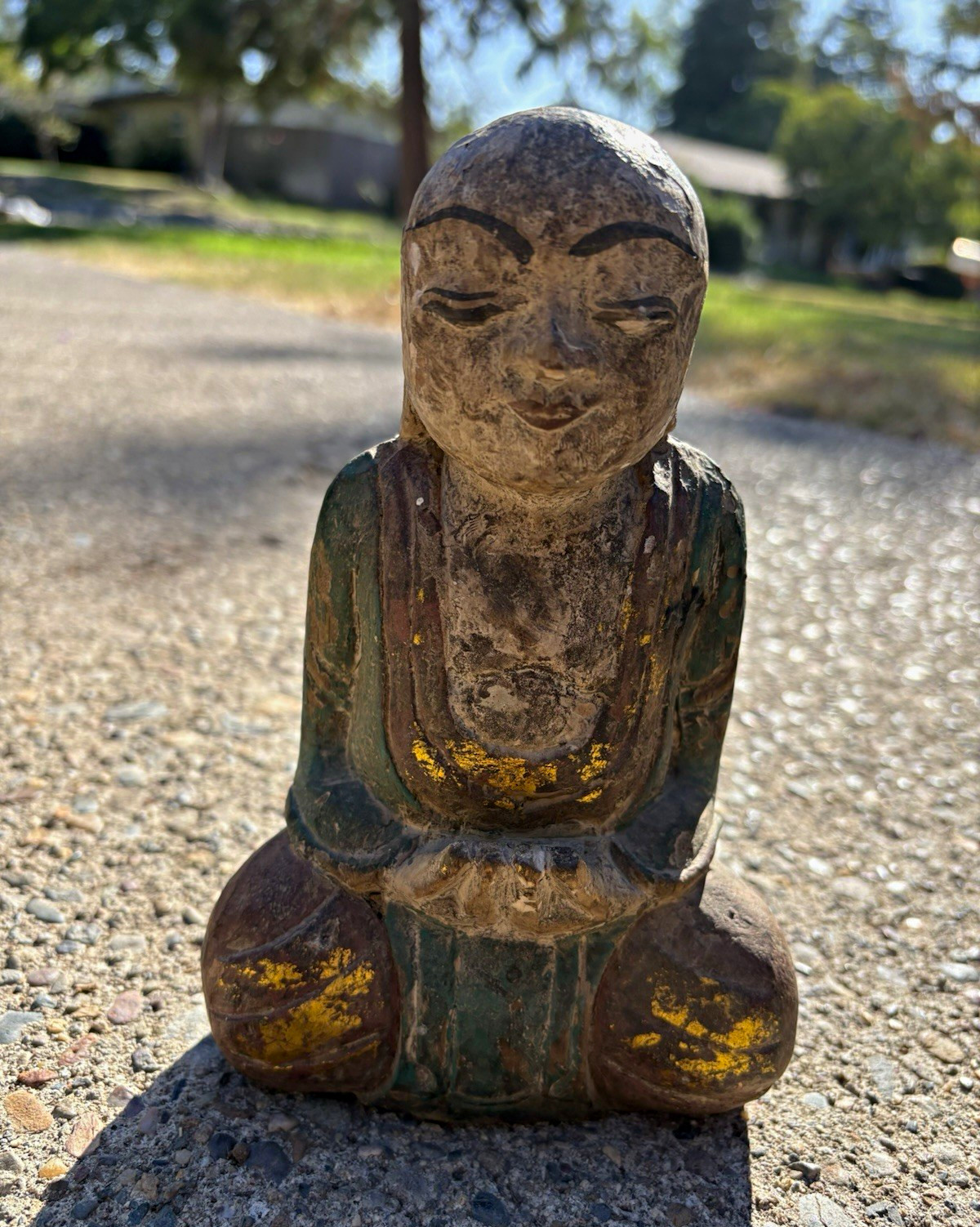 Vintage south east Asia wooden carved gilded seated Buddha Hand painted