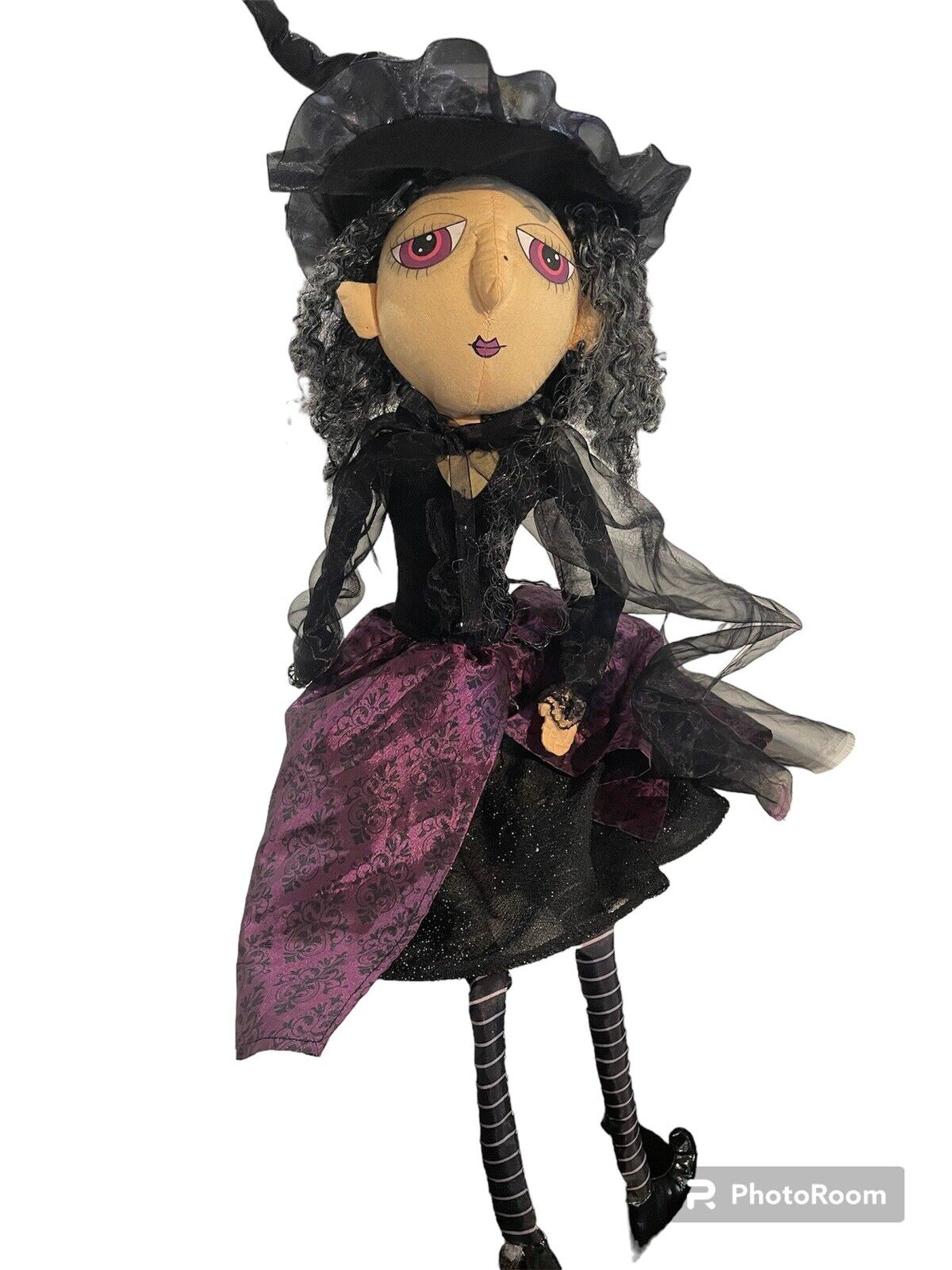 Halloween Witch Shelf Sitter Doll Fabric Painted Face 34” Fancy Ornate Dress