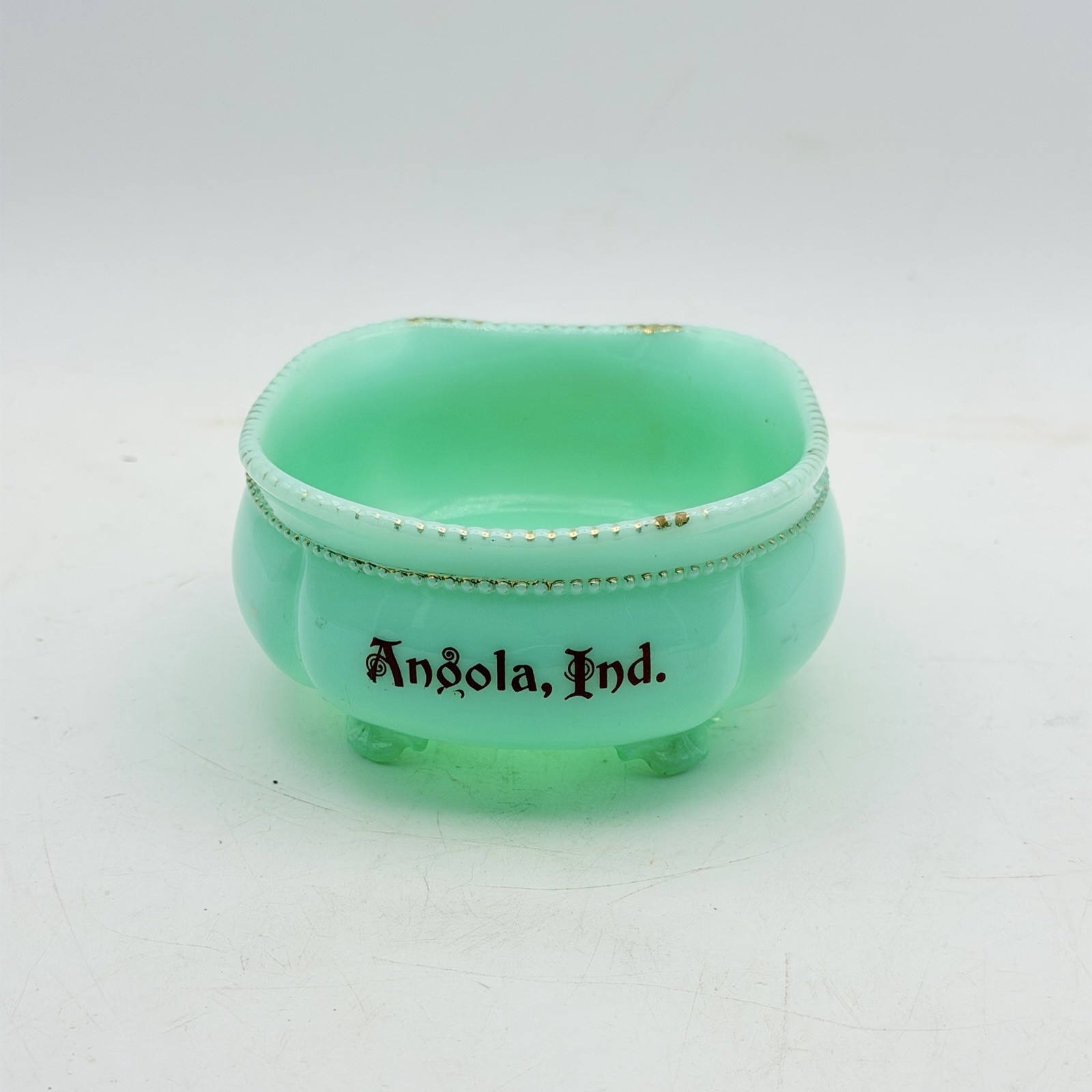 Antique Tarentum Georgia Gem Uranium Glass Bowl Angola Indiana Souvenir UV Glow