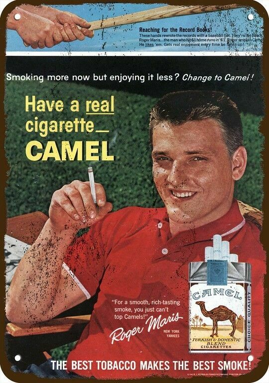 1962 Yankees ROGER MARIS Smokes Camel Cig Vnt-Look DECORATIVE REPLICA METAL SIGN 1962 Yankees ROGER MARIS Smokes Camel Cig Vnt-Look DECORATIVE REPLICA METAL SIGN