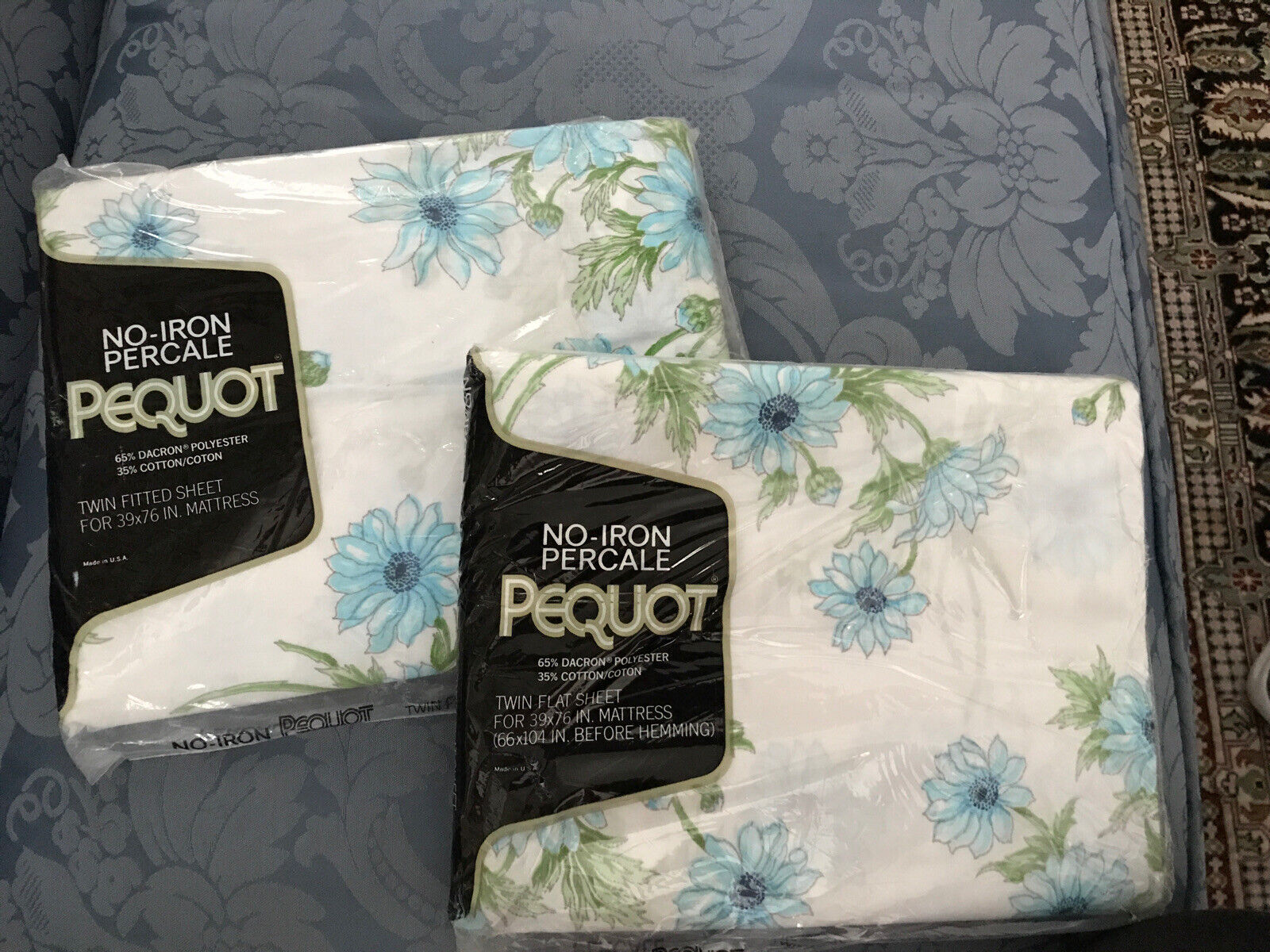 Vintage Blue Flowers Pequot Twin Fitted And Flat Sheet New Sealed (70’s)