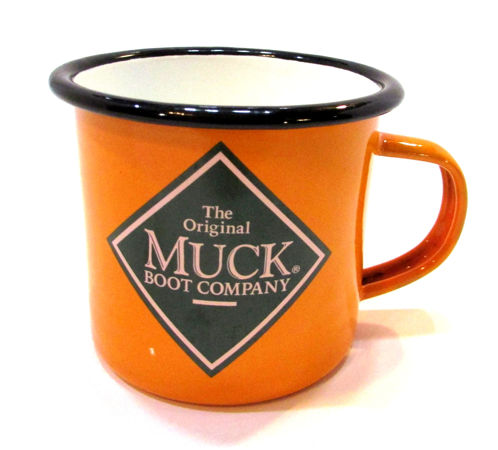 Vintage 2000s Excellent Orange Green White Enamelware Mug Muck Boot Company Cup Vintage 2000s Excellent Orange Green White Enamelware Mug Muck Boot Company Cup