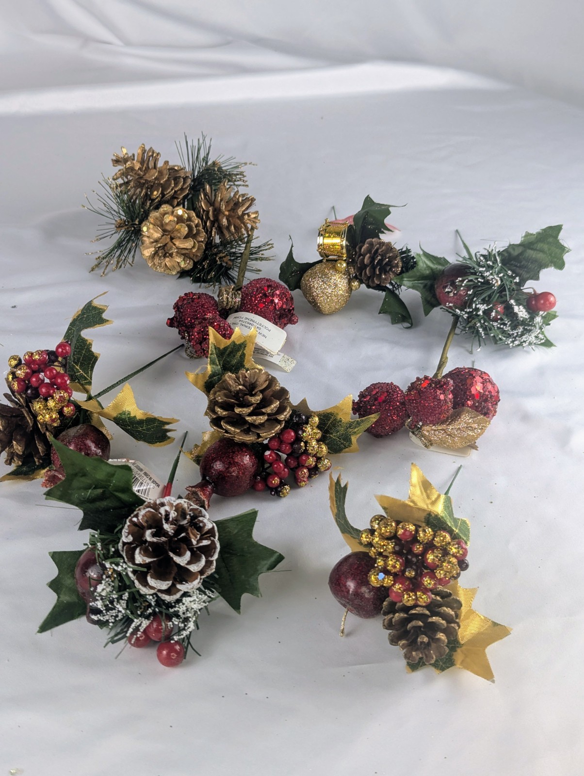 Christmas Floral Picks Lot Red Gold Beaded Apples Pinecones Holly Berries Tree