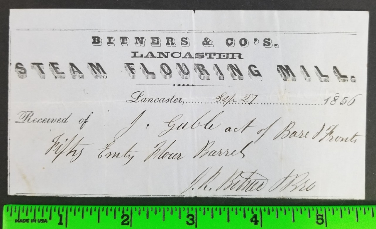 Vintage 1856 Steam Flouring Mill Lancaster PA Paper Order Slip