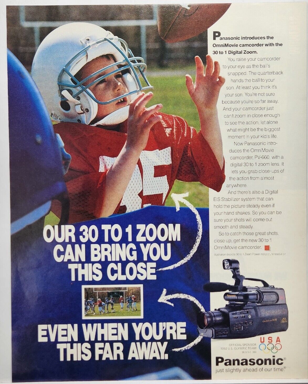 1990 Panasonic Omni Movie Camcorder PV-660 Boy Playing Football Poster Print Ad