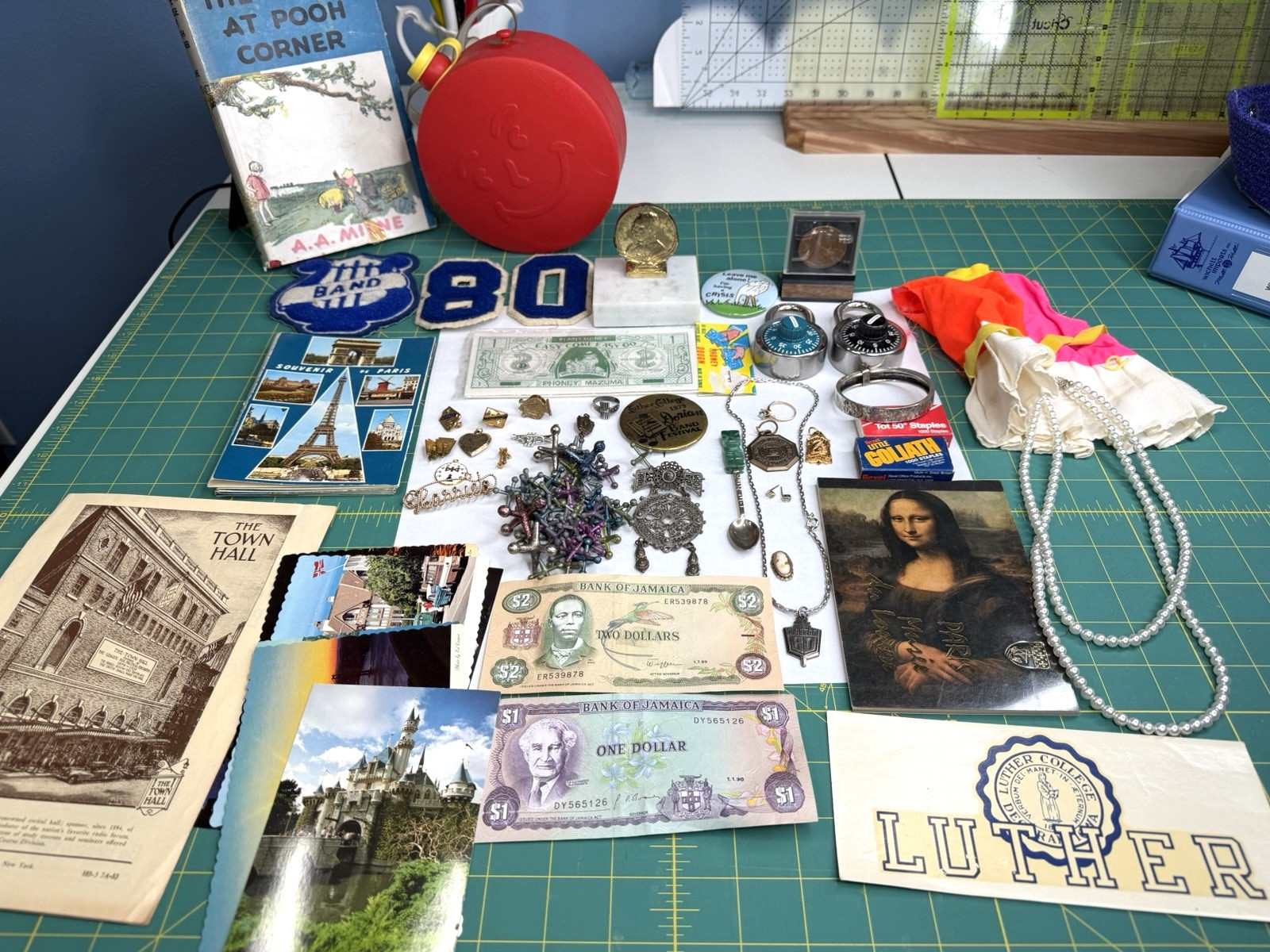 Vintage Miscellaneous Lot Pinbacks, Jewelry, Toys, Postcards, Jacks, More