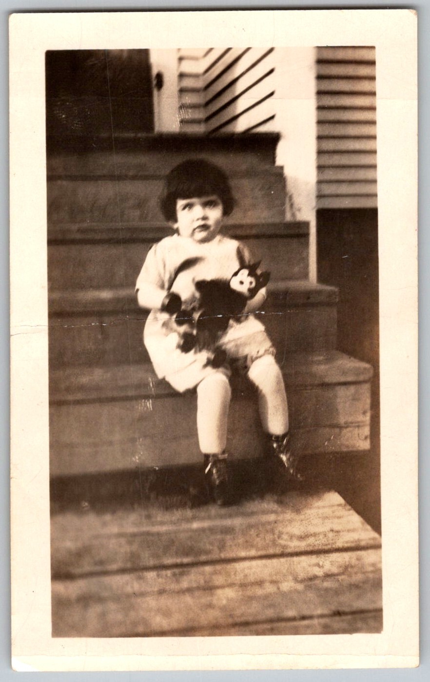 Vtg B&W Snapshot Cute Toddler Child Sitting Porch Steps Felix Cat Plush Toy Vtg B&W Snapshot Cute Toddler Child Sitting Porch Steps Felix Cat Plush Toy