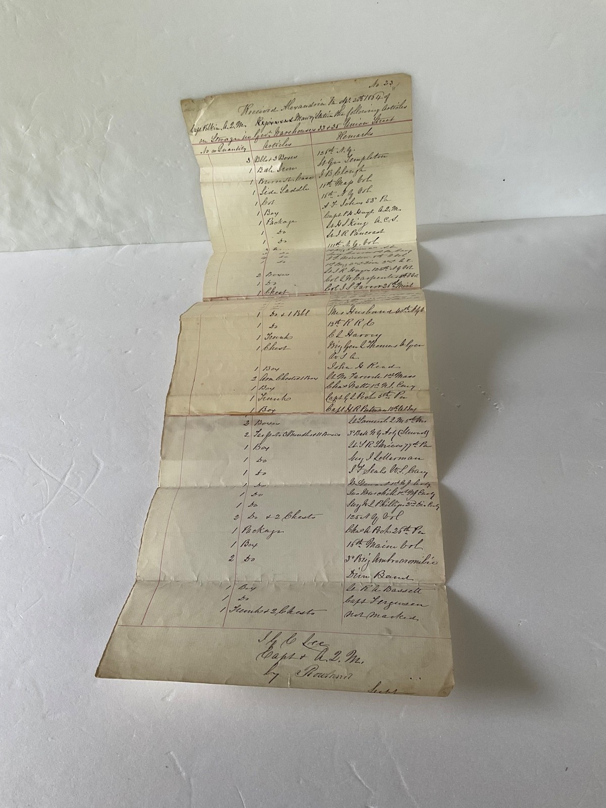 CIVIL WAR ALEXANDRIA VA STORAGE FOR OFFICERS GEAR LIST APRIL 1864 3 PAGES ATTACH CIVIL WAR ALEXANDRIA VA STORAGE FOR OFFICERS GEAR LIST APRIL 1864 3 PAGES ATTACH