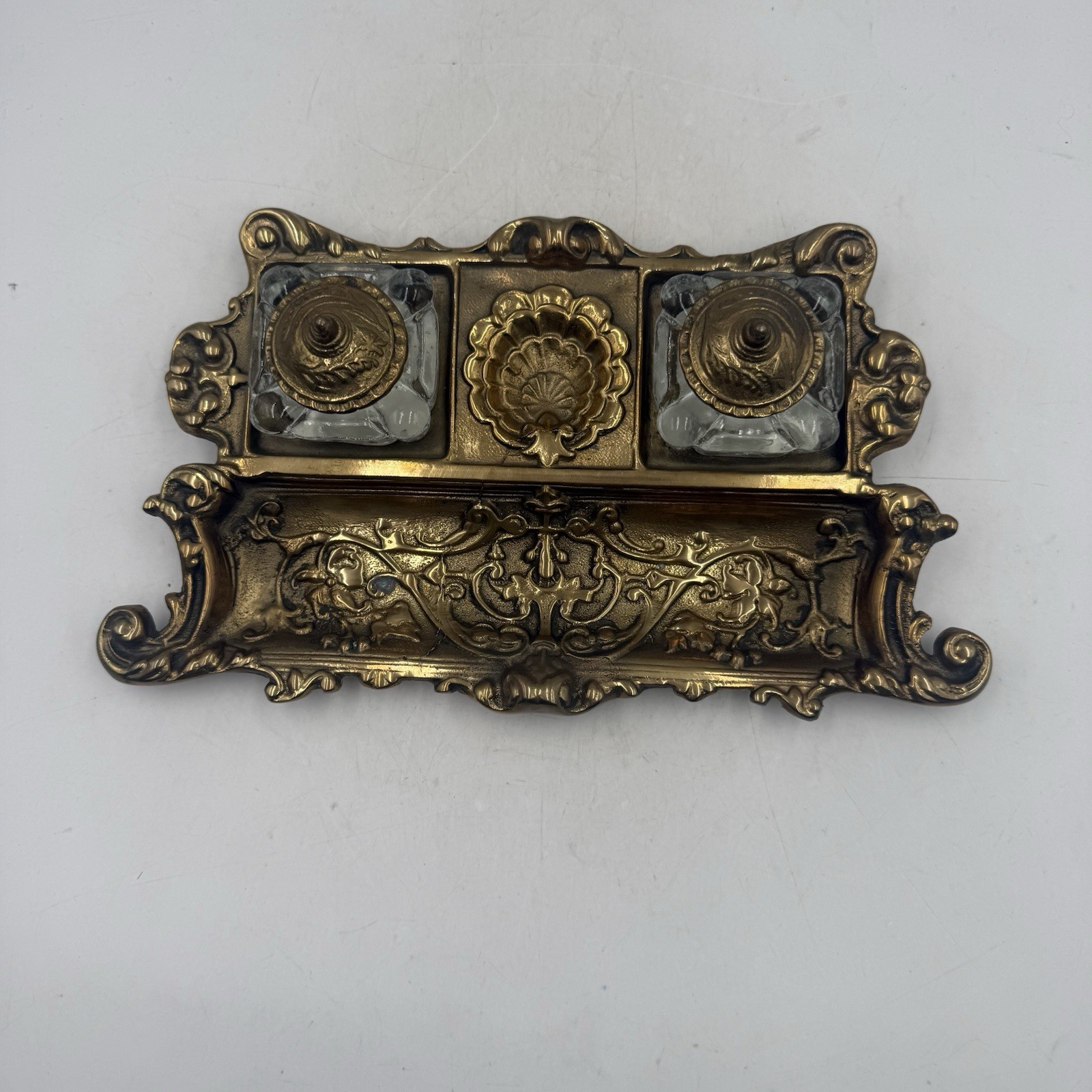 Antique Art Nouveau Brass Desk Inkwell Pen Rest Double Glass Wells Antique Art Nouveau Brass Desk Inkwell Pen Rest Double Glass Wells