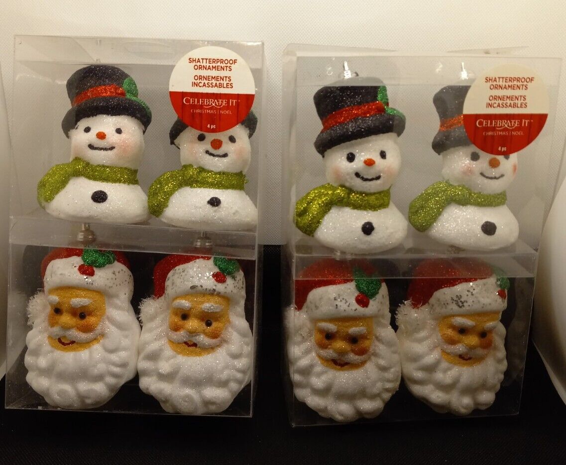 Celebrate It Shatterproof Set of 4 Santa/Snowman Heads Xmas Ornaments 2 Boxes