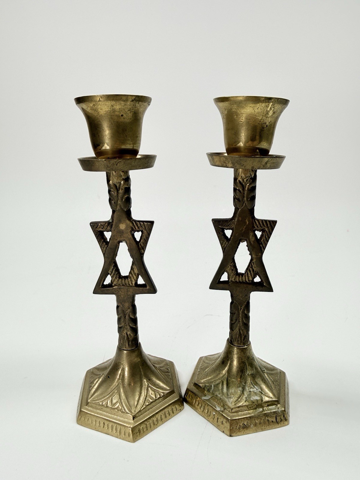 Two Vintage Brass Shabbat Candlesticks with Star of David 6” Tall
