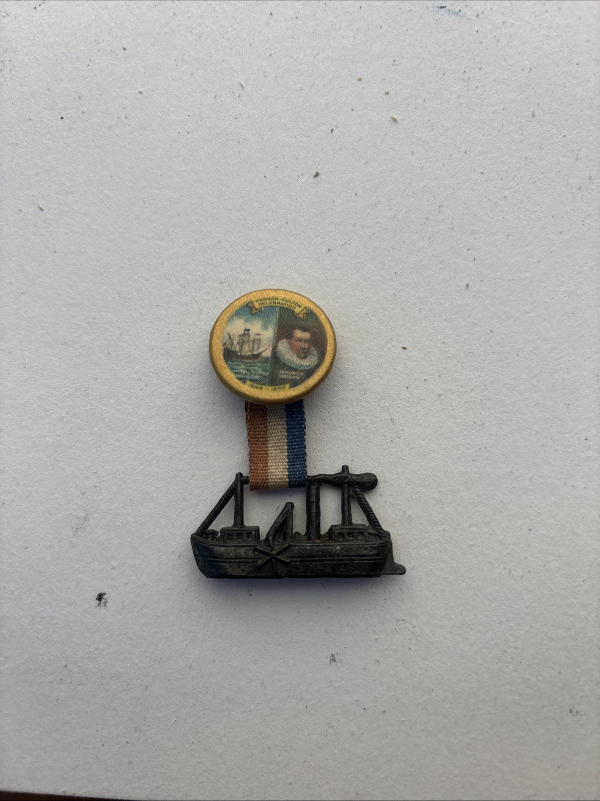 Antique 1909 Hudson Fulton Celebration Pin Ship Ribbon Rare