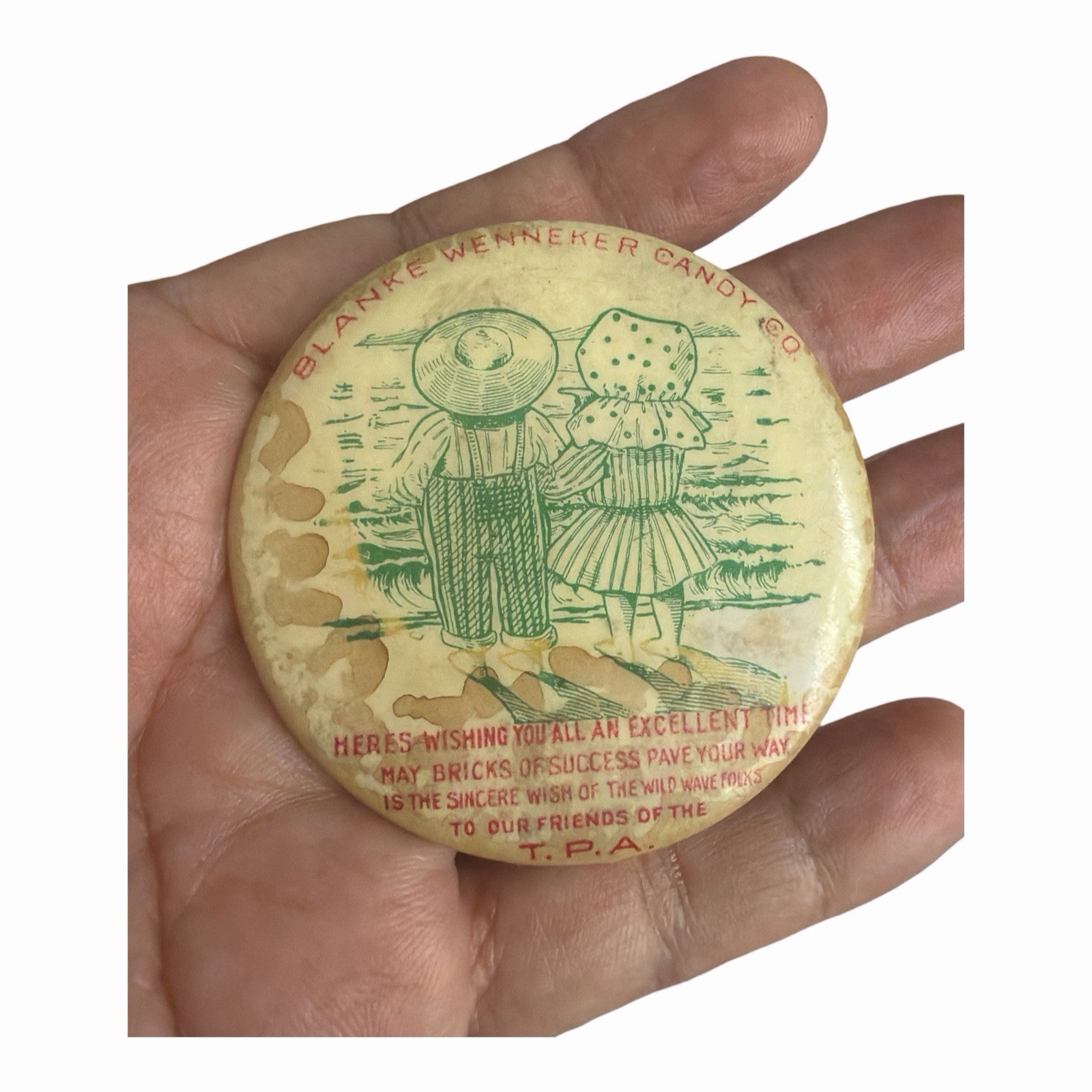 Antique Blanke Wenneker Candy Co Pinback Button TPA St Louis Button Co Pat 1899 Antique Blanke Wenneker Candy Co Pinback Button TPA St Louis Button Co Pat 1899