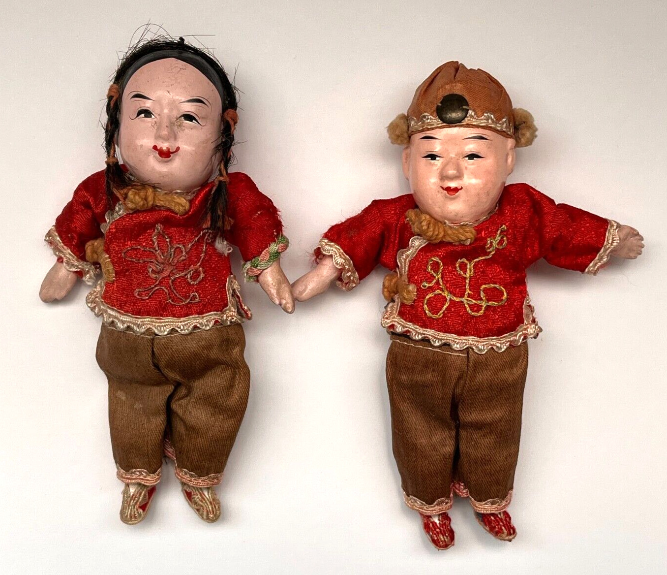 2 Vtg Antique Chinese Composition Dolls- Little Girl & Boy Silk Clothing, READ
