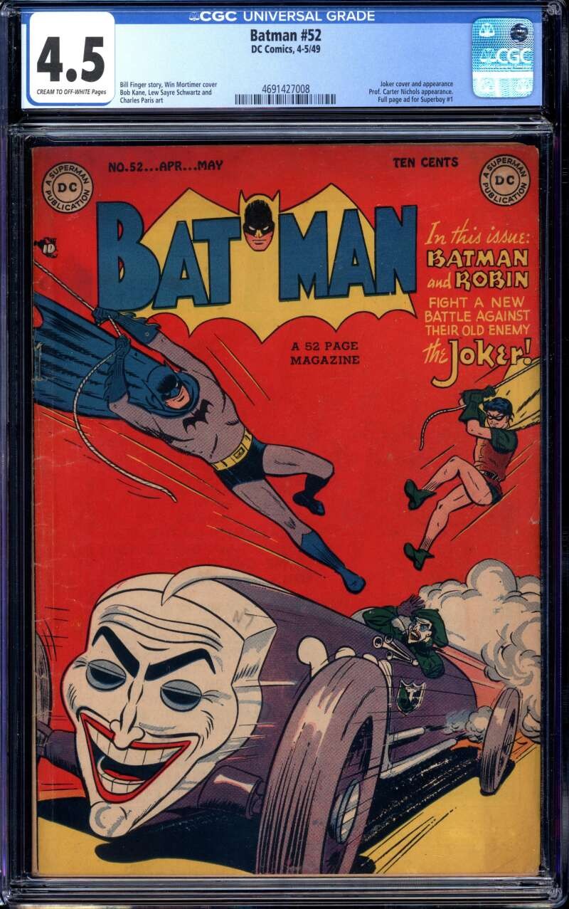 BATMAN #52 CGC 4.5 CR/OW PAGES // JOKER CAR COVER DC COMICS 1949