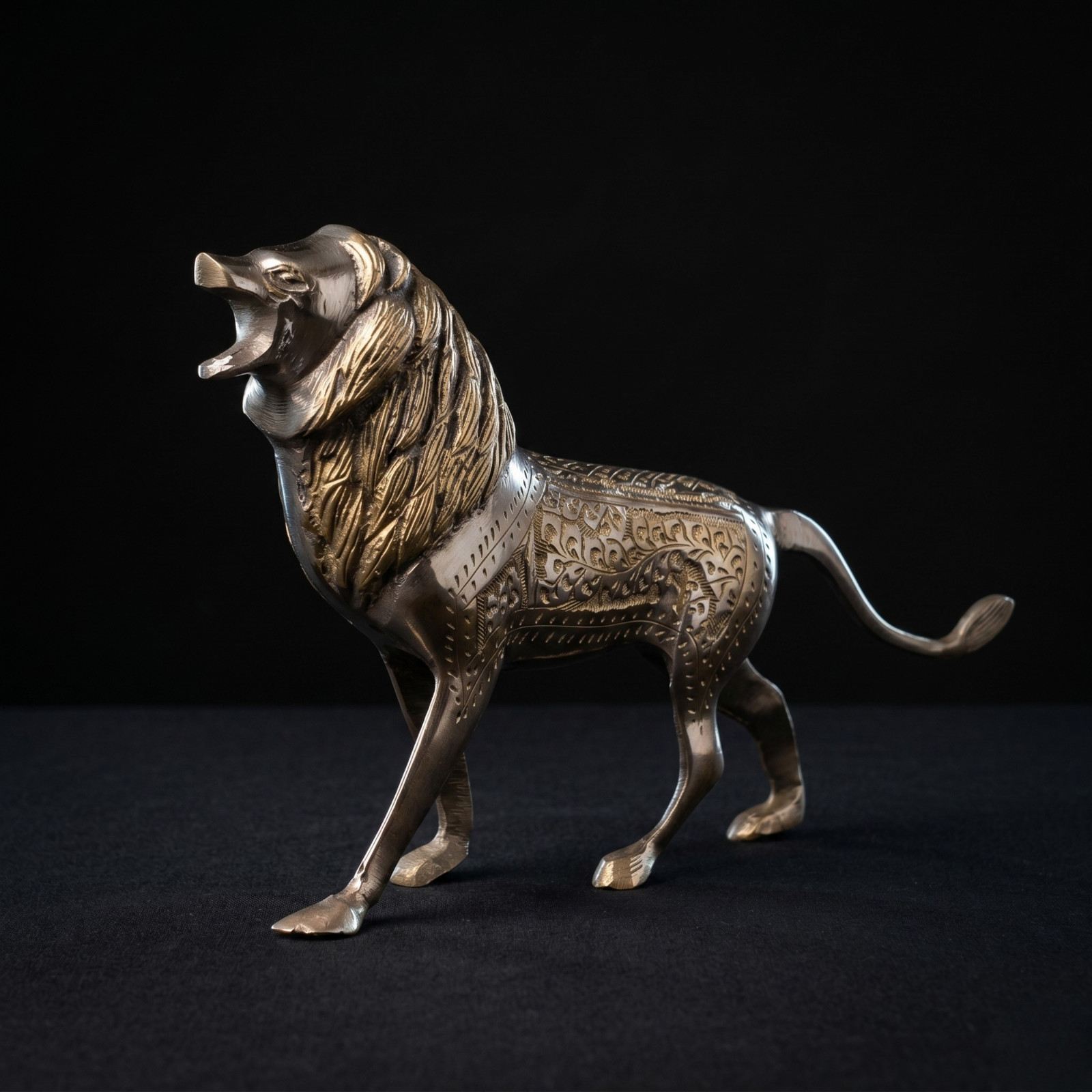 Handcrafted Brass Lion Figurine, Engraved Lion Statue, Roaring Lion Sculpture, D
