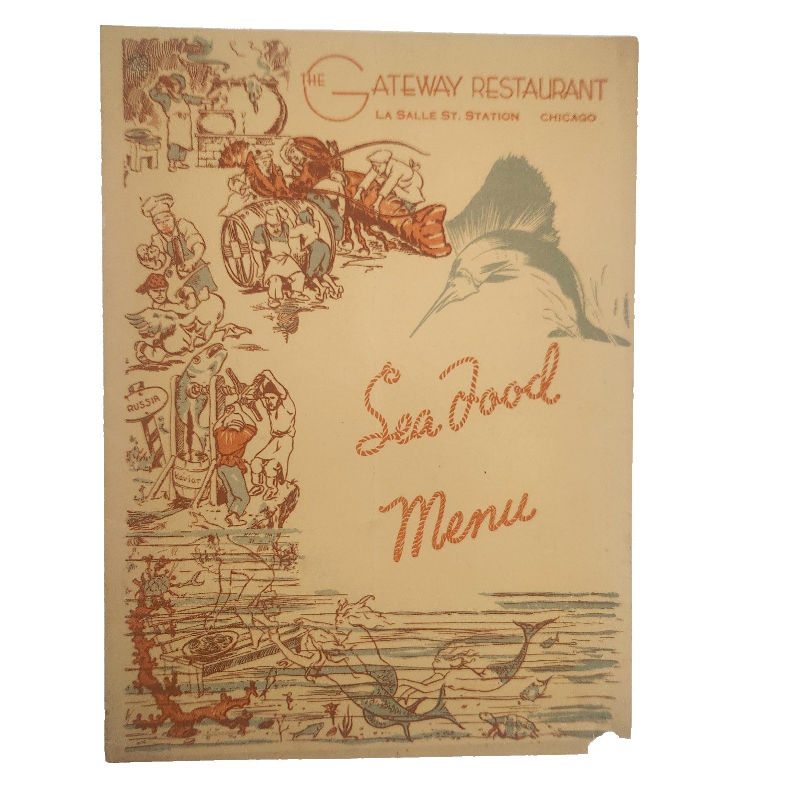 Gateway Restaurant Chicago 1930s Vtg Menu Seafood Mermaids La Salle St Station