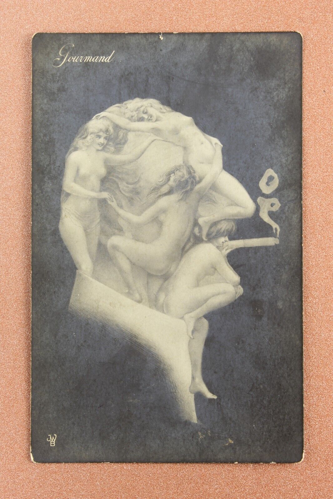 FOURMAND. Metamorphic Head man - nude nymphs. Cigarette. Antique postcard 1909s