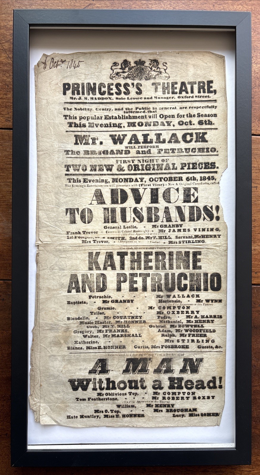 Antique Princess’s Theatre Playbill Shakespeare Katherine Petruchio Wallack 1845