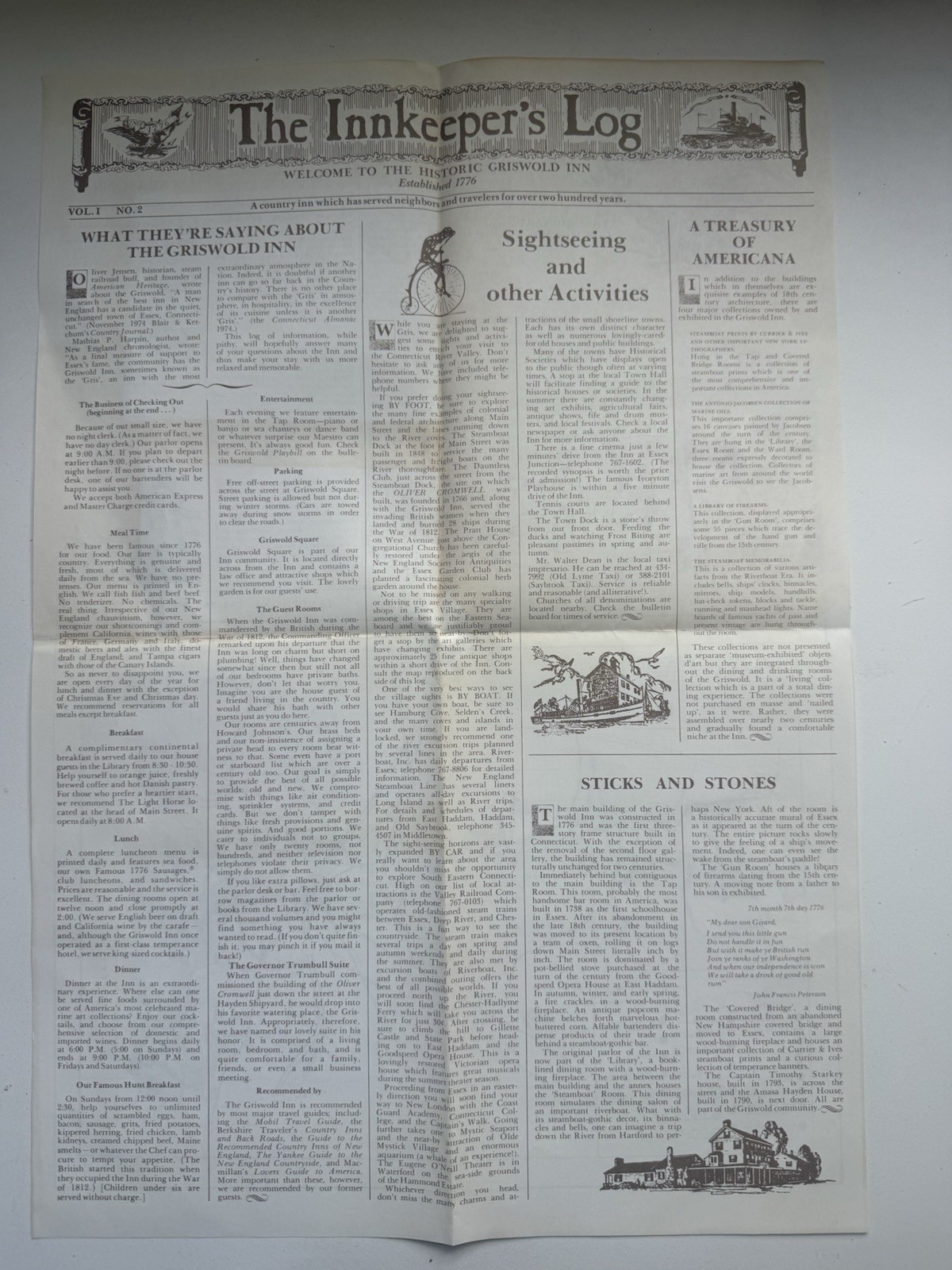 Vintage 1970s Griswold Inn Essex CT Map Innkeeper’s Log Vol 1 No 2